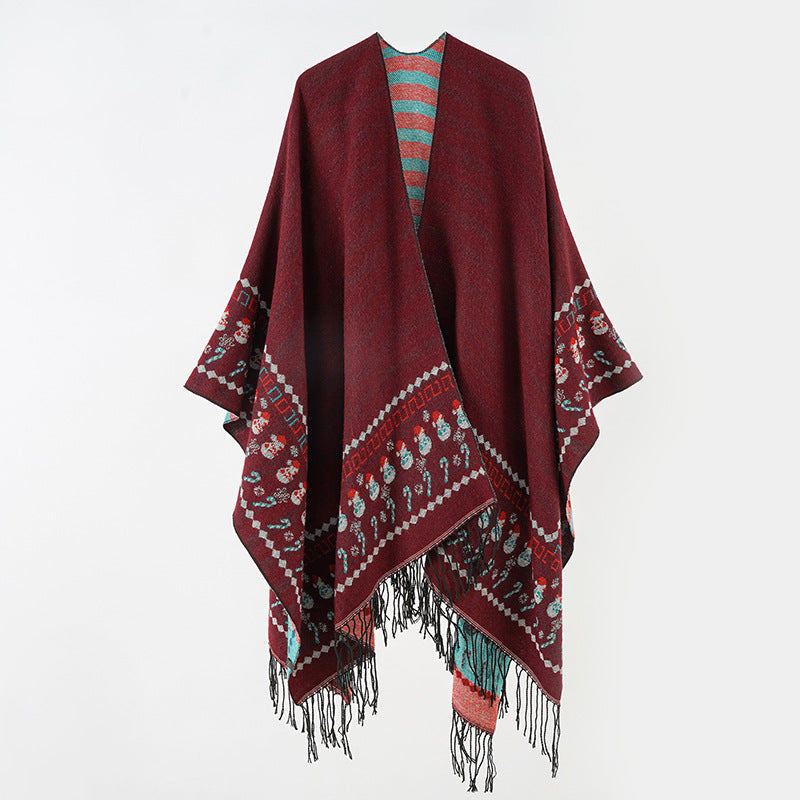 Damen Wollmix-Kimono-Poncho mit Norwegerbordüre und Fransen Shop Nory