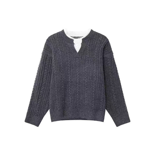 Damen Grobgestrickter Zopfmuster-Pullover mit V‑Ausschnitt und Lagen‑Optik Shop Nory