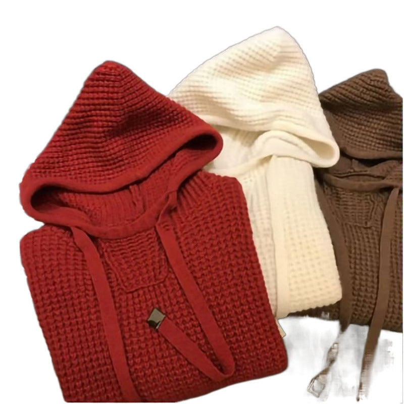 Damen Grobgestrickter Oversize-Kapuzenpullover mit Waffelstruktur und Kordelzug Shop Nory