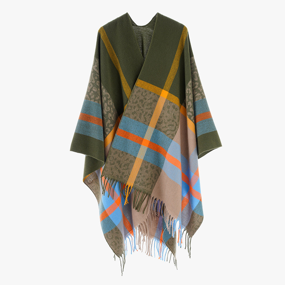 Damen Übergroßer Poncho mit Fransen und Karomuster Shop Nory
