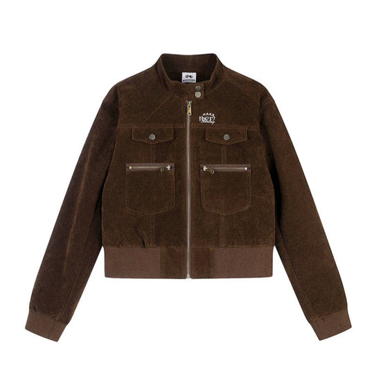 Damen Kurz geschnittene Samtvelours Bomberjacke mit Stehkragen und Multifunktionstaschen Shop Nory