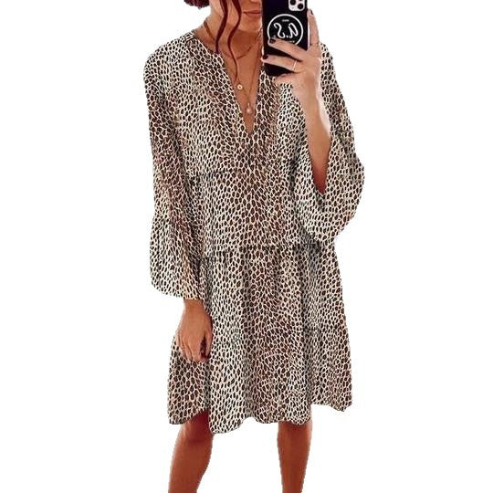 Damen lässiges Blusenkleid mit Volantärmeln und tierischem Muster