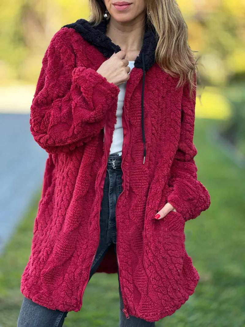 Damen nan oversized Teddy-Manteljacke mit Kontrastkapuze, Reißverschluss und Eingrifftaschen Shop Nory