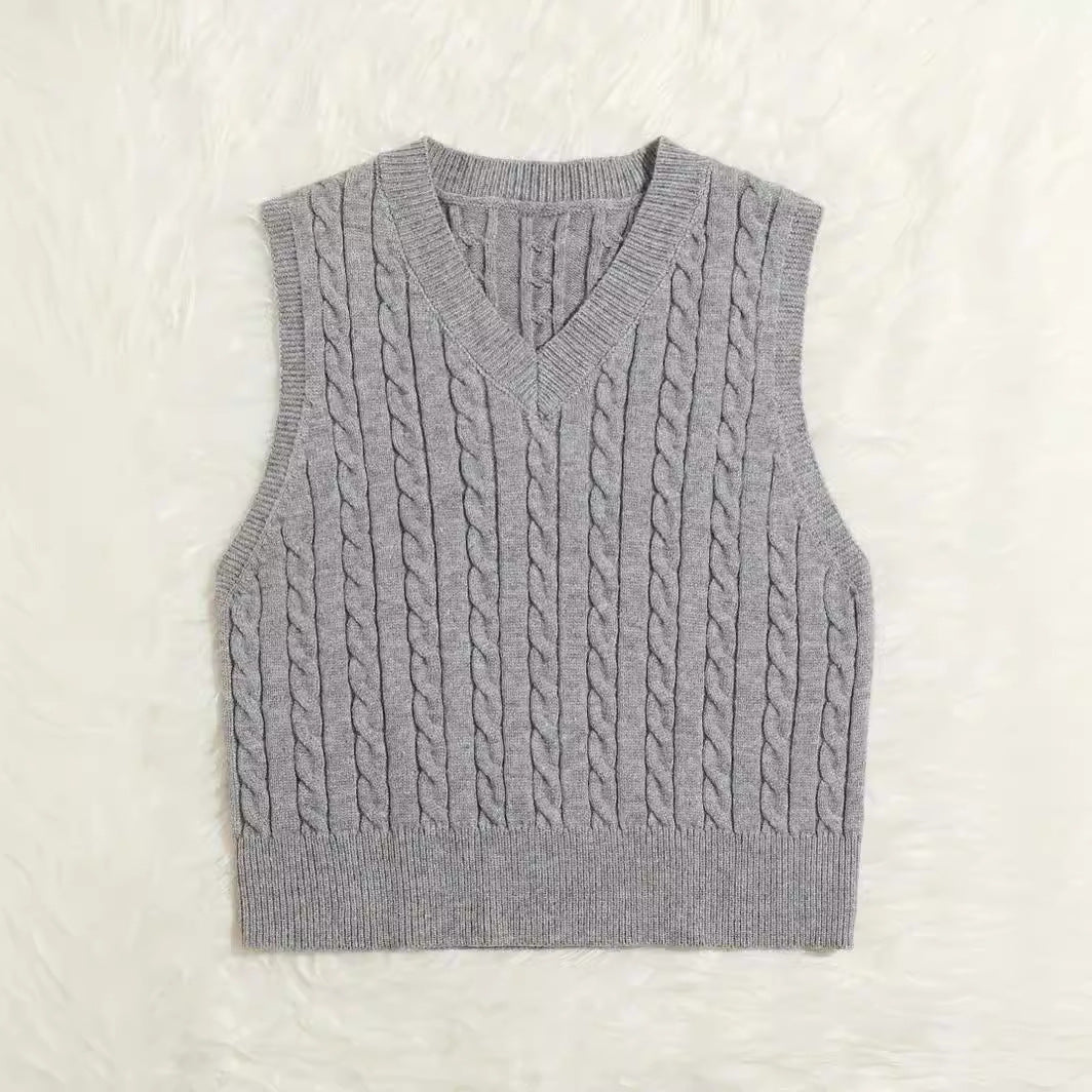 Damen Gestrickte ärmellose Zopfmuster-Pulloverweste mit V-Ausschnitt Shop Nory