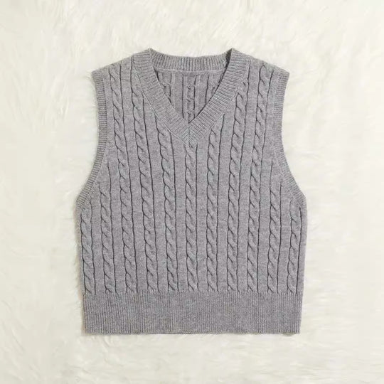 Damen Gestrickte ärmellose Zopfmuster-Pulloverweste mit V-Ausschnitt Shop Nory