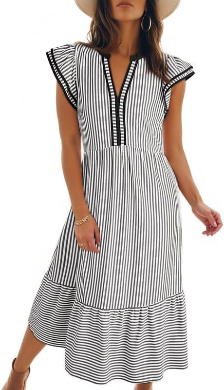 Damen Maritime Midikleid mit vertikalen Streifen, V-Ausschnitt und Volantstufe Shop Nory