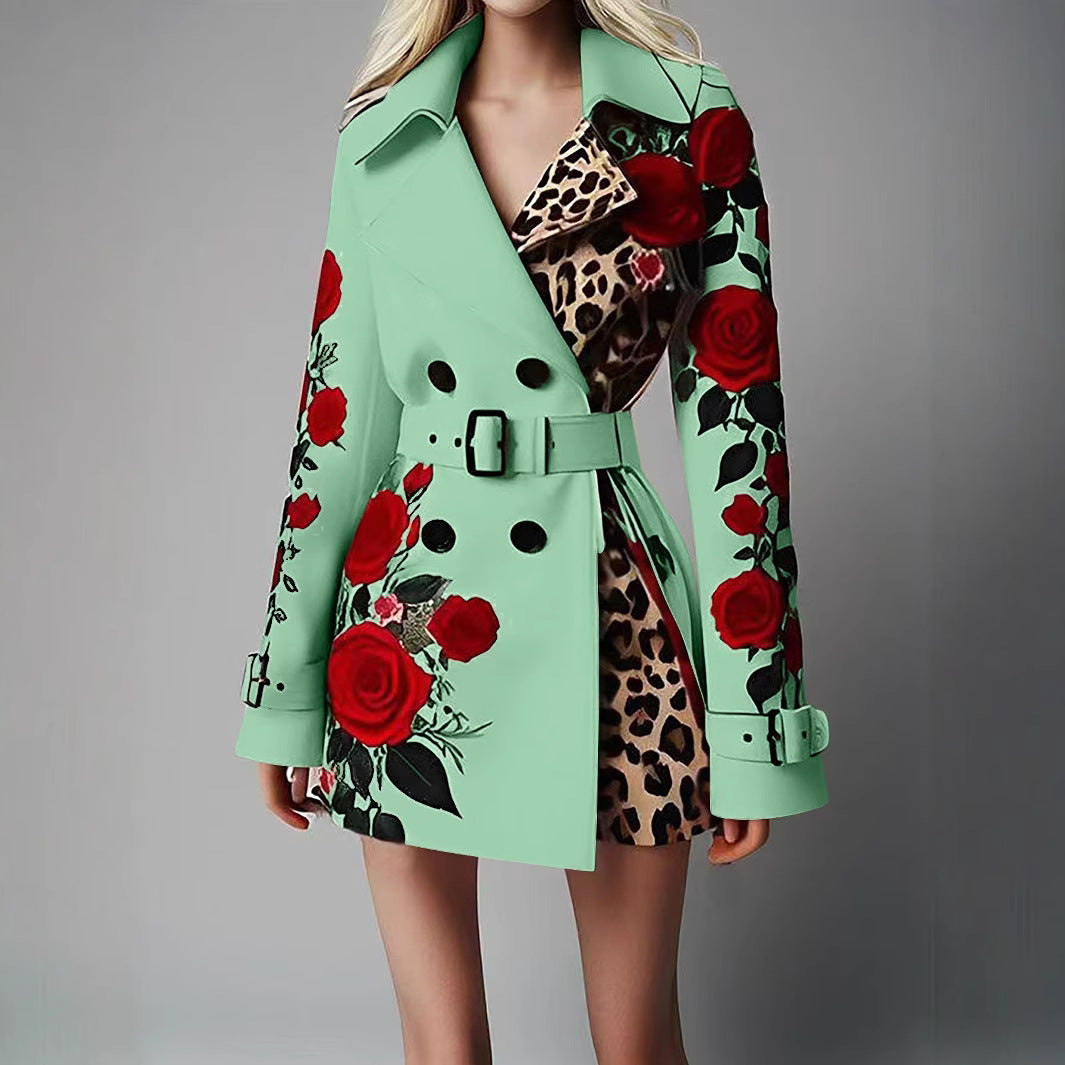Damen Taillierter Trenchcoat mit Rosenprint und Leoparden-Innenfutter Shop Nory