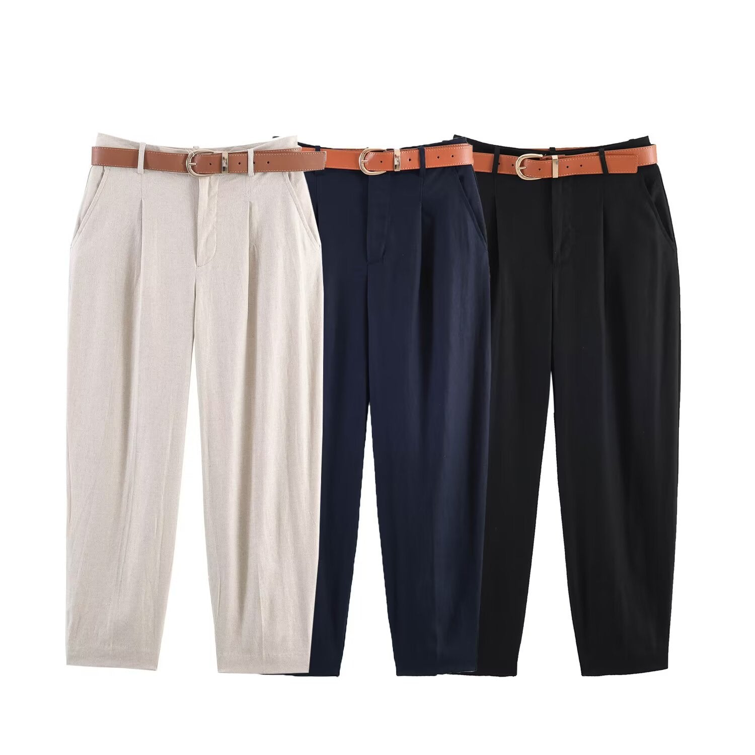 Damen hochwertige, ausgestellte Leinenhose mit modischem Gürtel