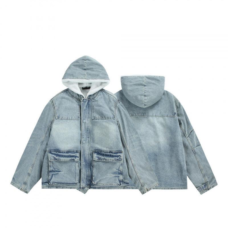 Unisex Kapuzen-Jeansparka im Used‑Look mit Teddyfleece-Futter und aufgesetzten Pattentaschen Shop Nory