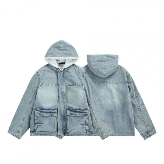 Unisex Kapuzen-Jeansparka im Used‑Look mit Teddyfleece-Futter und aufgesetzten Pattentaschen Shop Nory