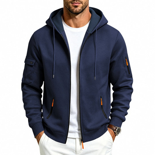 Herren Kapuzen-Reißverschlussjacke mit Ärmeltaschen, Kontrast-Zipper und Rippbündchen Shop Nory
