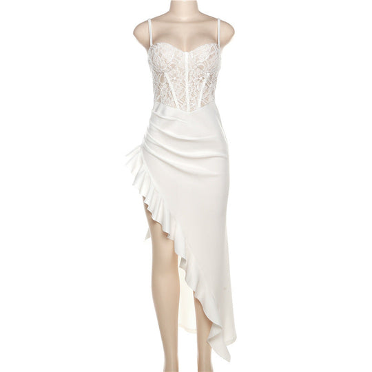 Damen Brautkleid mit Spitzenoberteil und asymmetrischen Rüschen