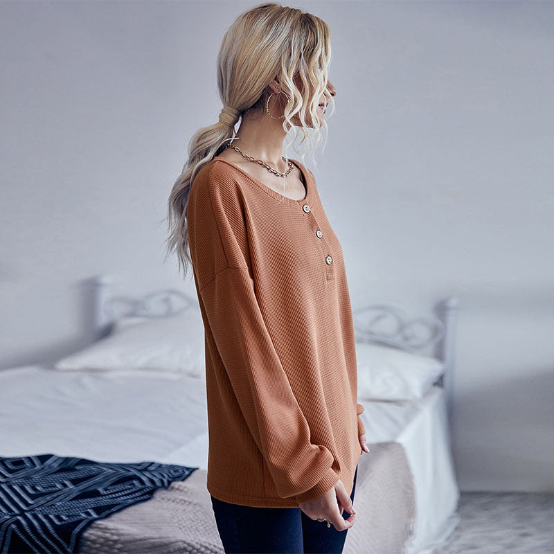 Damen Waffelstrick-Pullover mit Henley-Knopfleiste und überschnittener Schulter Shop Nory