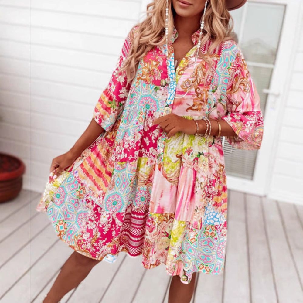 Damen nan Luftiges Stufenkleid im Patchwork-Boho-Stil mit Stehkragen, geraffter Taillennaht und Dreiviertelärmeln
