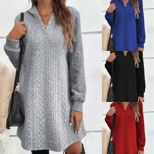 Damen Lässiges Strukturiertes Kapuzen‑Strickkleid im Tunika‑Schnitt Shop Nory