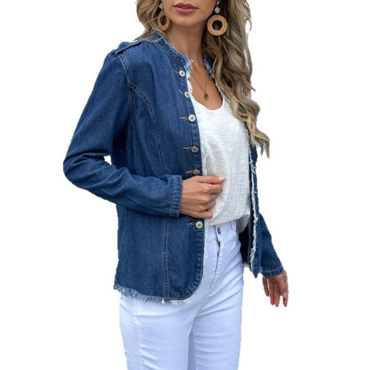 Damen taillierte Denim-Jacke mit Fransenrand und dekorativer Knopfleiste Shop Nory