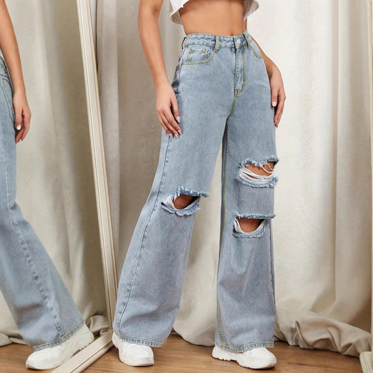 Damen Hochtaillierte Baggy-Jeans im Wide‑Leg mit mehrstufigen Knie-Cutouts Shop Nory