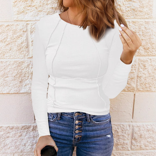 Damen Figurbetont Rib Longsleeve mit Dekorativen Nähten Shop Nory
