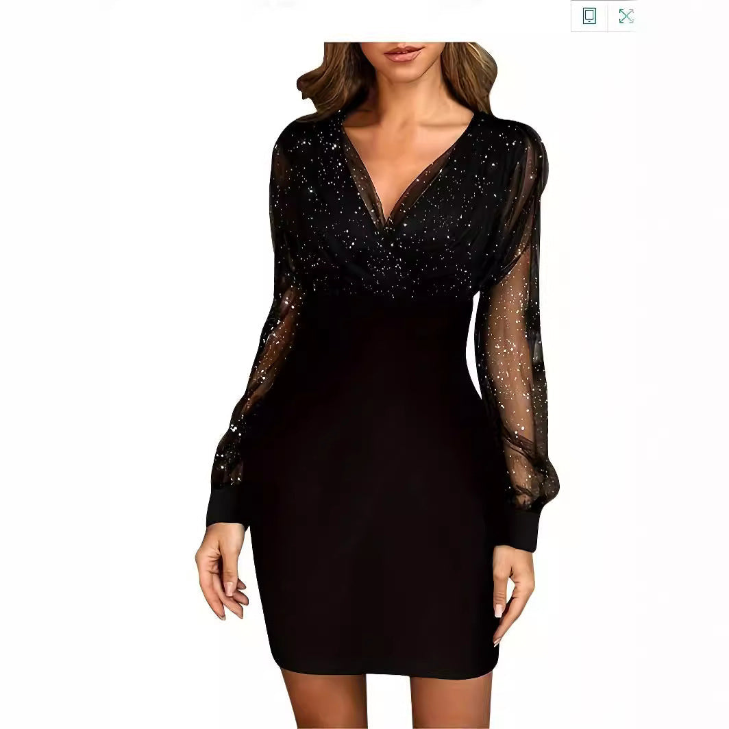 Damen Glitzerndes Cocktailkleid mit transparenten Ärmeln
