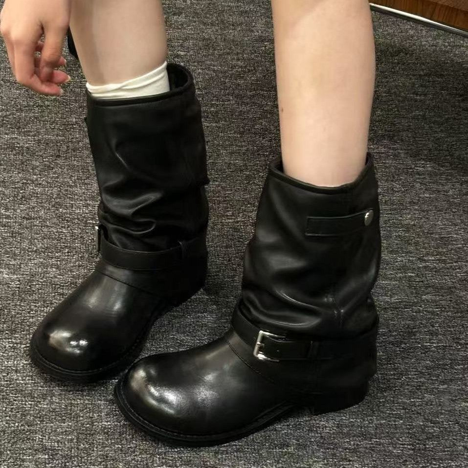 Damen Lederstiefel mit modischen Schnallenverzierungen Shopnory