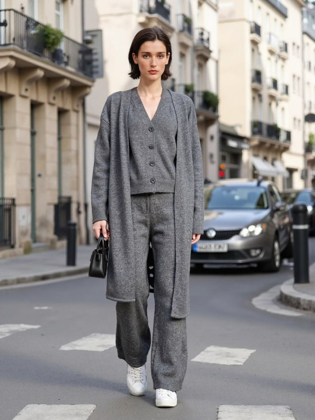Damen Oversize Strick-Set mit Longcardigan, Knopf-Weste und weiten Hosen Shop Nory