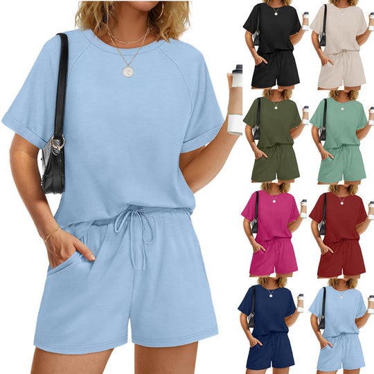 Damen lässiger Kombi aus T-Shirt und Shorts mit elastischem Bund