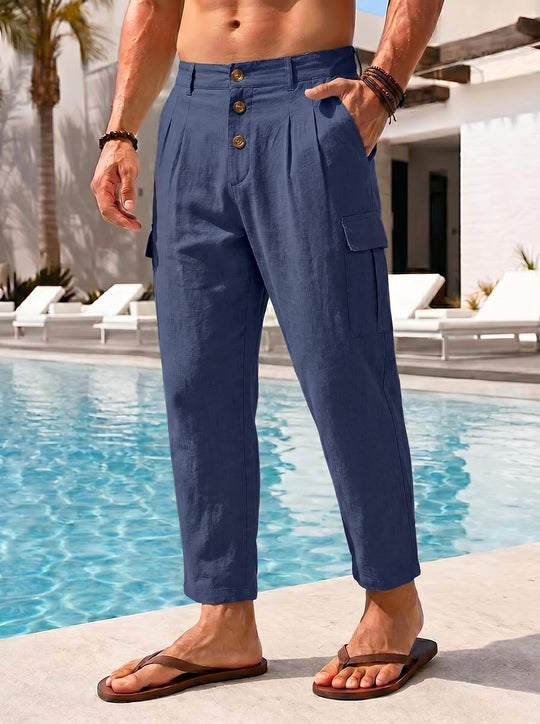 Herren lässige Leinen-Cargo-Chino mit Knopfleiste, Bundfalten und gekürzter Knöchellänge Shop Nory