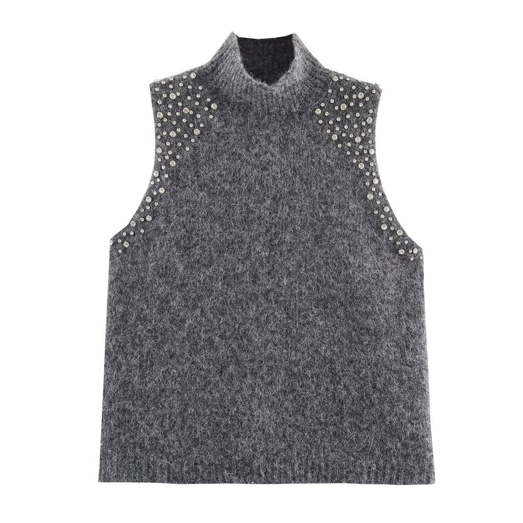 Damen ärmelloses Strickoberteil mit eleganten Perlenverzierungen