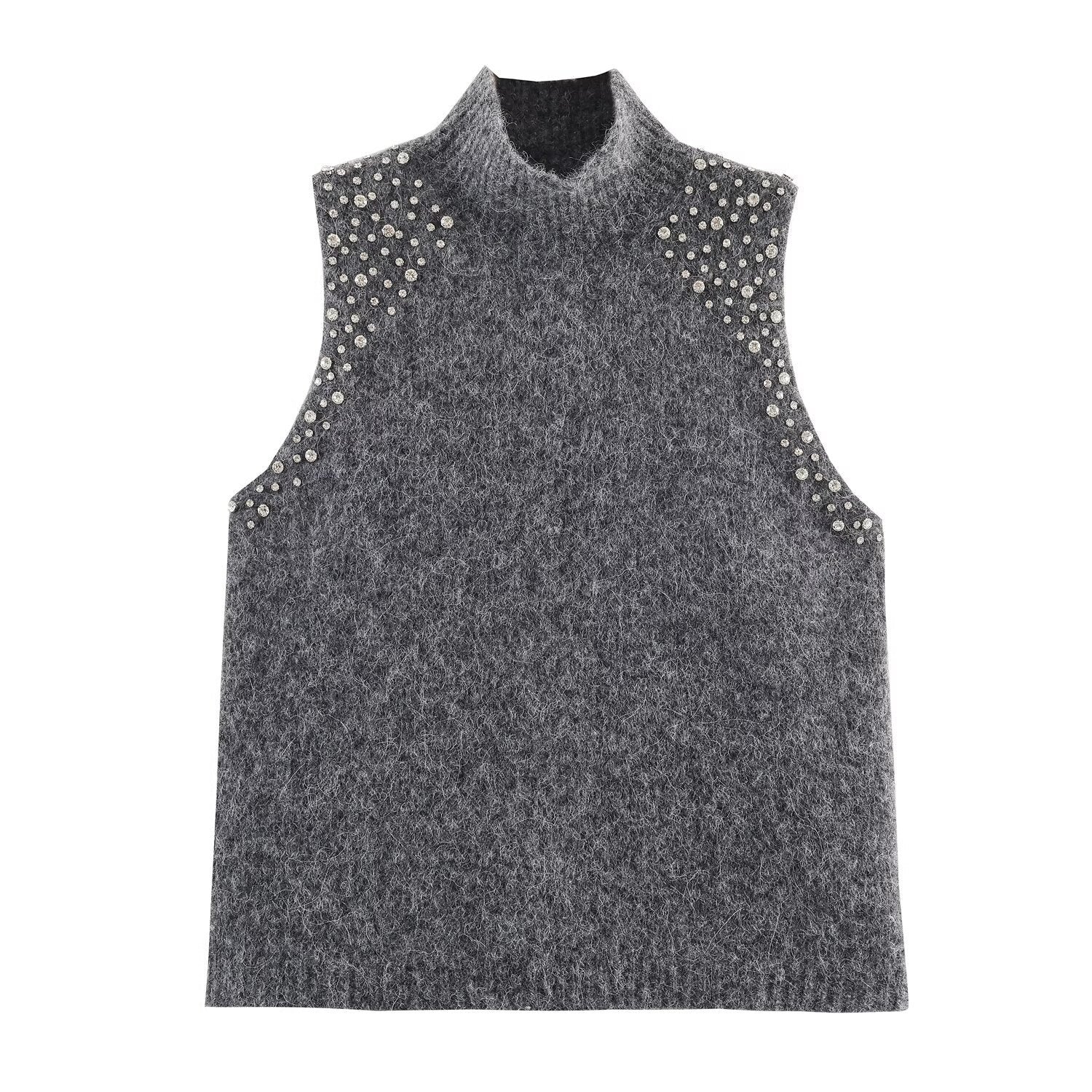 Damen ärmelloses Strickoberteil mit eleganten Perlenverzierungen