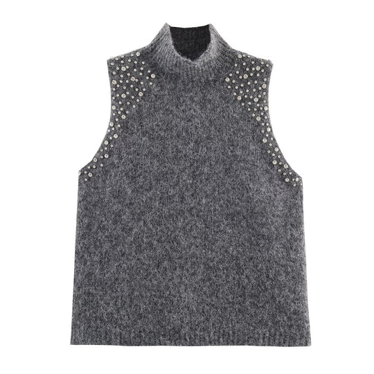 Damen ärmelloses Strickoberteil mit eleganten Perlenverzierungen