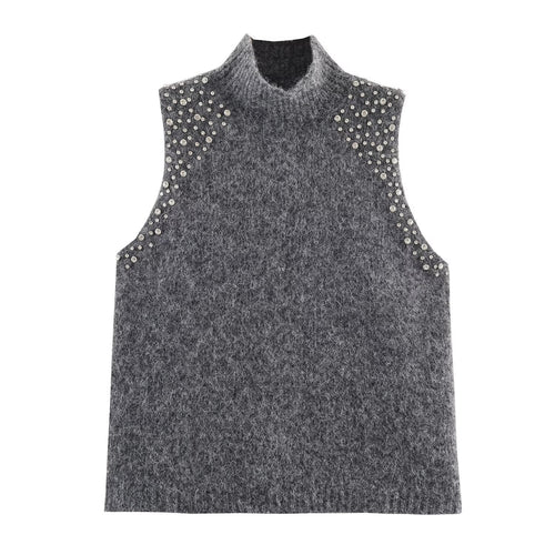 Damen ärmelloses Strickoberteil mit eleganten Perlenverzierungen