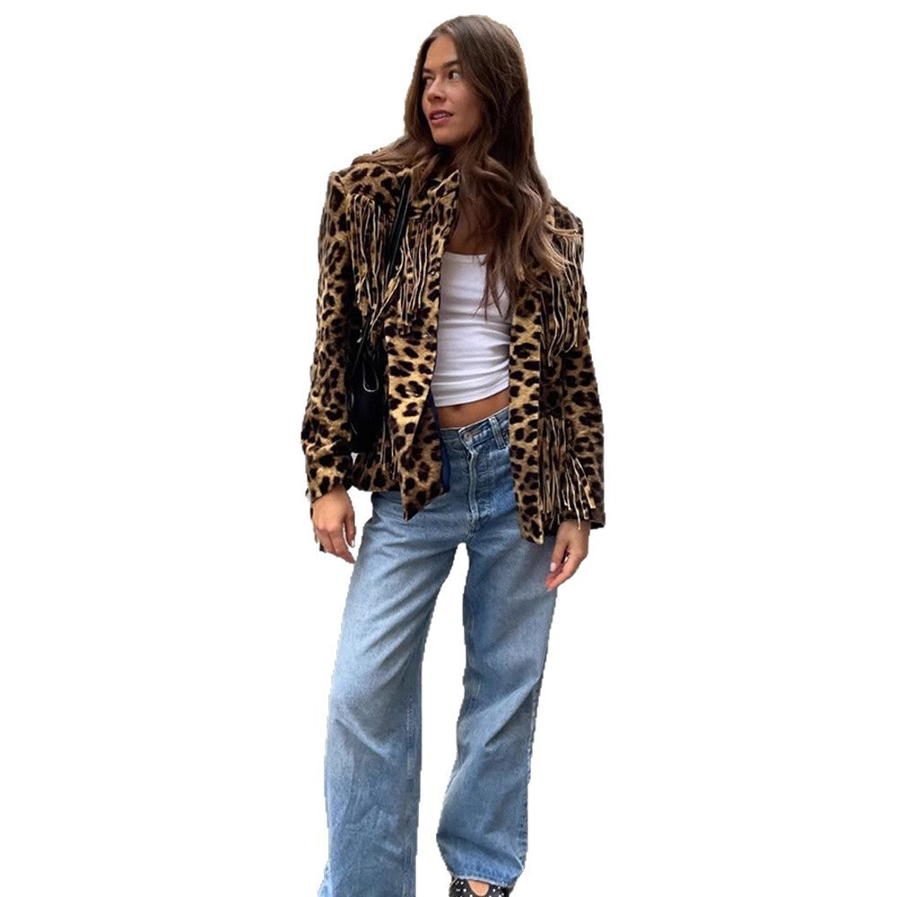 Damen Leoparden-Wildlederjacke mit Fransen und modischem Schnitt