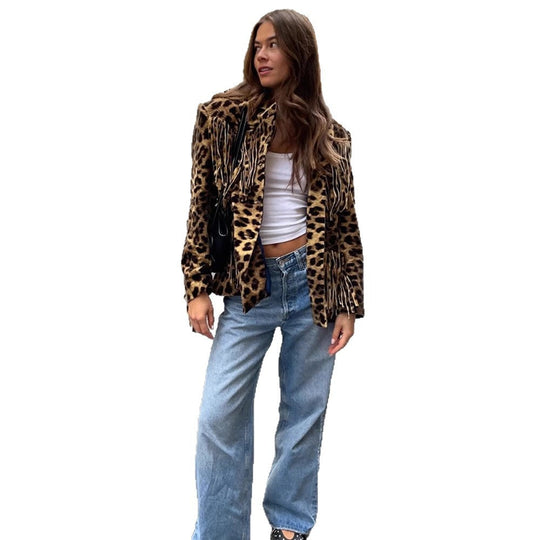 Damen Leoparden-Wildlederjacke mit Fransen und modischem Schnitt