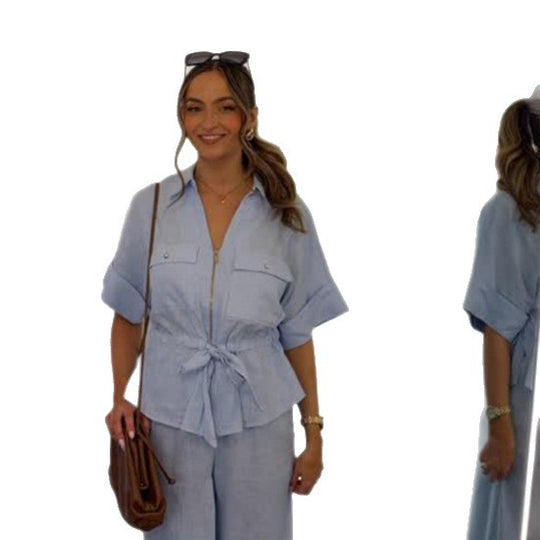 Damen Kurzarm-Bluse mit Reißverschluss, Brusttaschen & Tunnelzug-Taille Shop Nory
