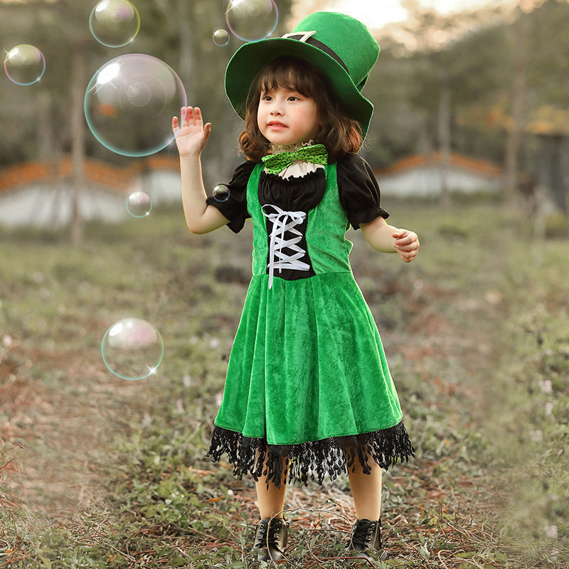 Mädchen Kostüm als irische Leprechaun mit voluminösem Rock und hohem Hut Shop Nory