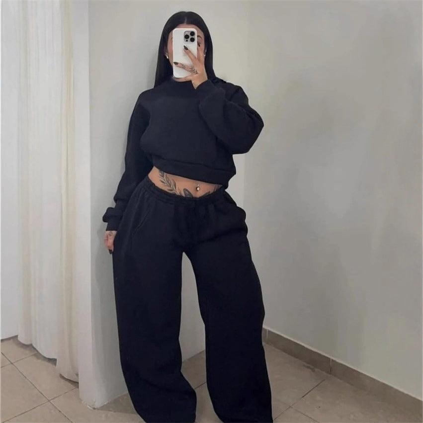 Damen Cropped-Sweatshirt mit hohem Rundhalsausschnitt und elastischer Tunnelzug Wide-Leg Jogginghose Set Shop Nory