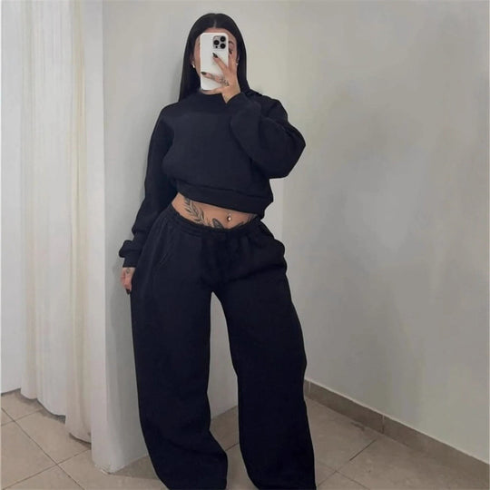Damen Cropped-Sweatshirt mit hohem Rundhalsausschnitt und elastischer Tunnelzug Wide-Leg Jogginghose Set Shop Nory