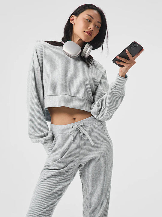 Damen Gerippte High‑Waist Loungehose mit Kordelzug und Bündchen Shop Nory