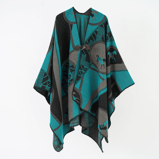 Damen Wollmix-Jacquard-Ruana mit Pferdemotiv, Knebelverschluss und offener Kimono-Silhouette Shop Nory