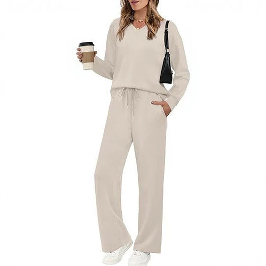 Damen Lässiges Lounge-Set mit V-Ausschnitt-Sweatshirt und weiten Tunnelzug-Hosen Shop Nory