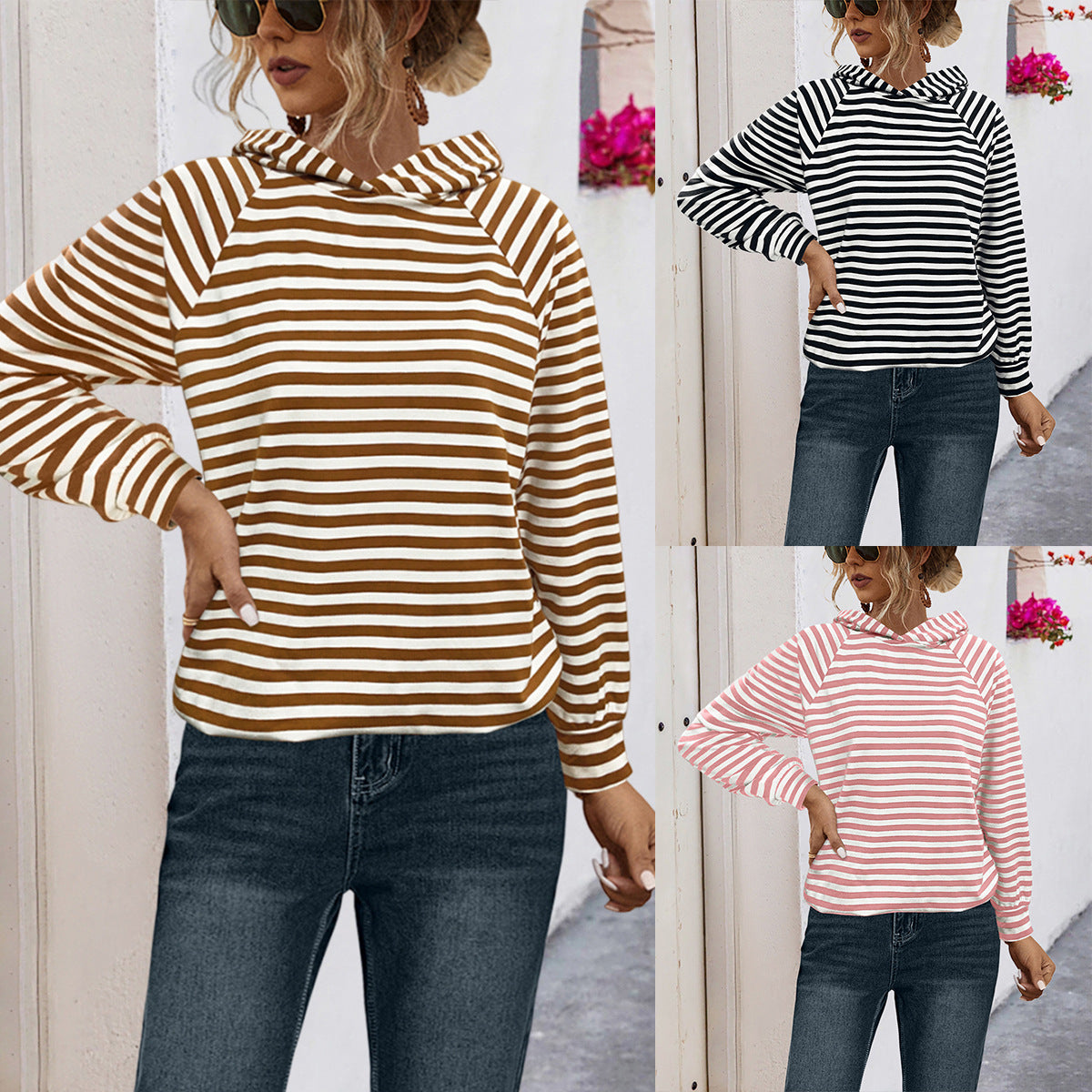 Damen gestreifter Kapuzensweater mit lässigem Schnitt und Raglanärmeln