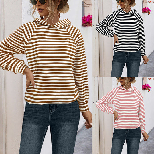 Damen gestreifter Kapuzensweater mit lässigem Schnitt und Raglanärmeln