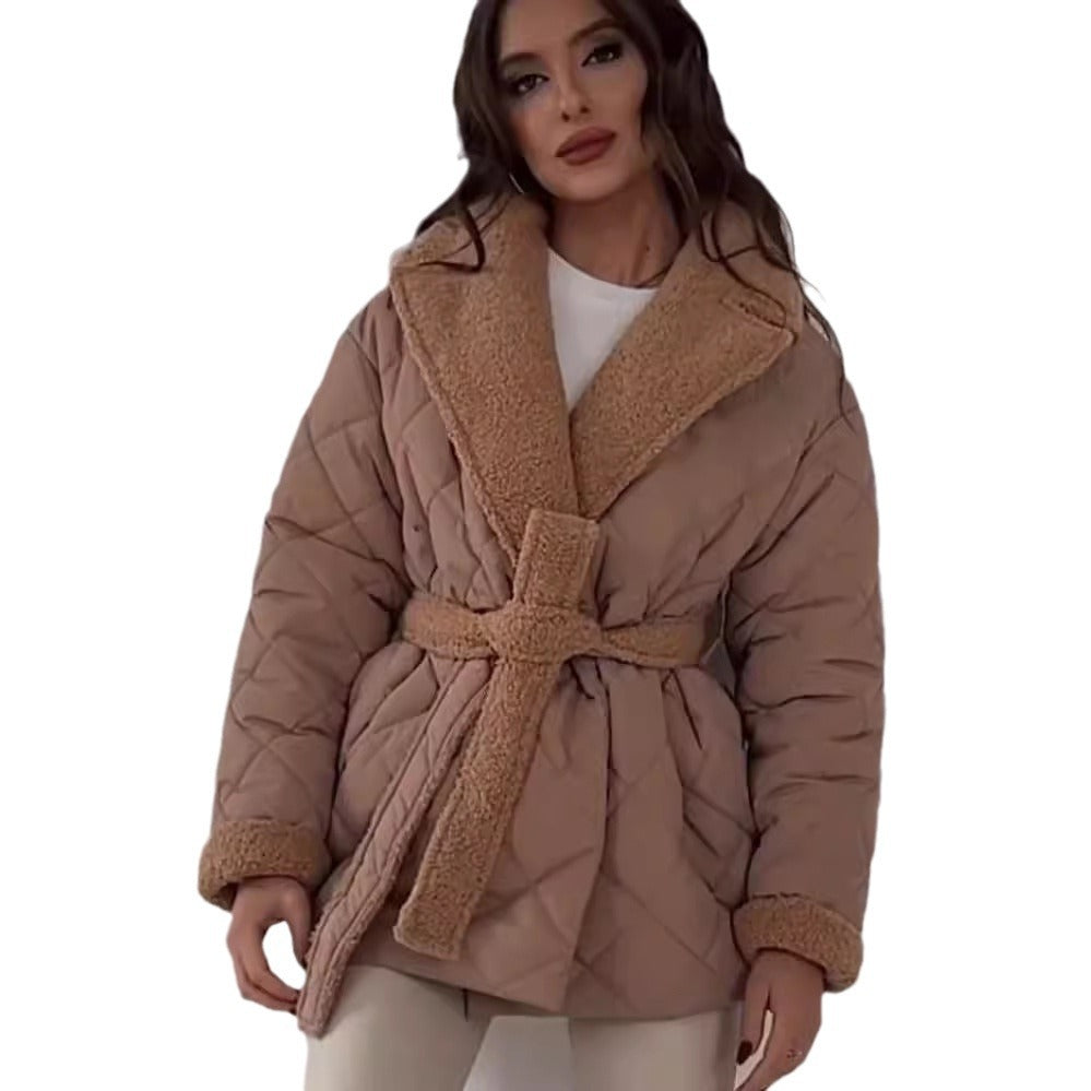 Damen Steppjacke mit Teddy-Futter Taillengürtel und großem Schalkragen Shop Nory