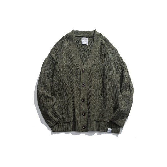 Unisex Oversize-Strickcardigan mit Zopfmuster, V‑Ausschnitt und aufgesetzten Taschen Shop Nory