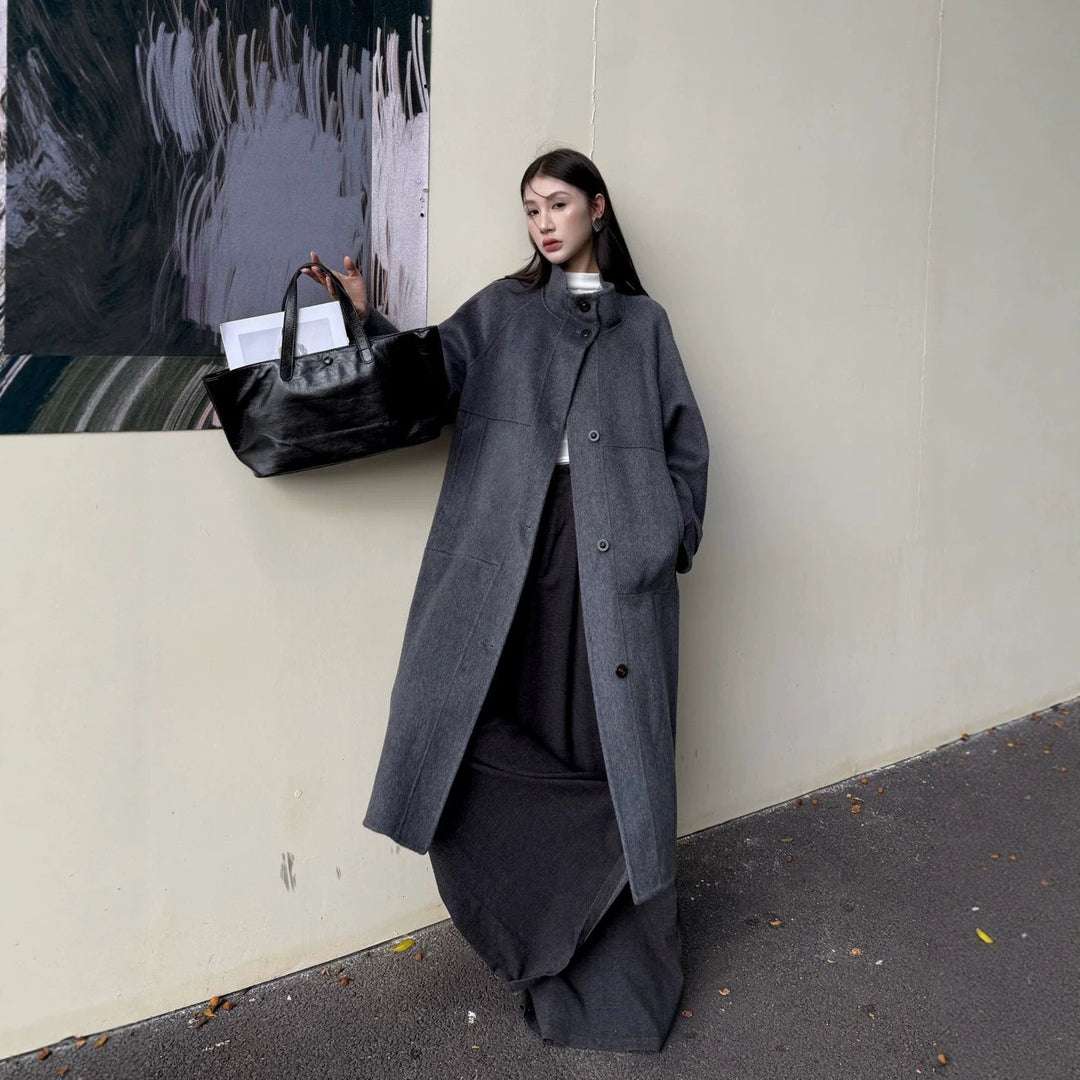 Damen Oversize Wollmantel mit Stehkragen und großen Pattentaschen Shop Nory