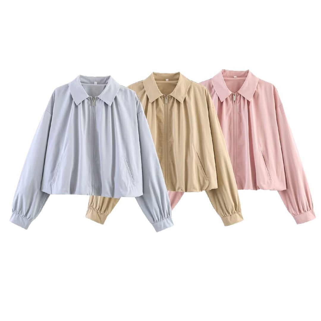 Damen Leichte Cropped‑Übergangsjacke mit Hemdkragen, Reißverschluss und elastischen Bündchen Shop Nory