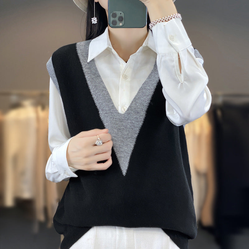 Damen Strukturiertes Feinstrick-Longvest mit tiefem V-Ausschnitt und kontrastierendem V-Paneel Shop Nory