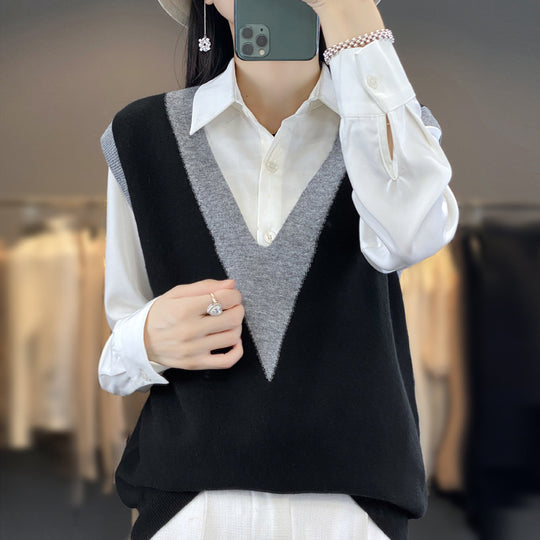 Damen Strukturiertes Feinstrick-Longvest mit tiefem V-Ausschnitt und kontrastierendem V-Paneel Shop Nory