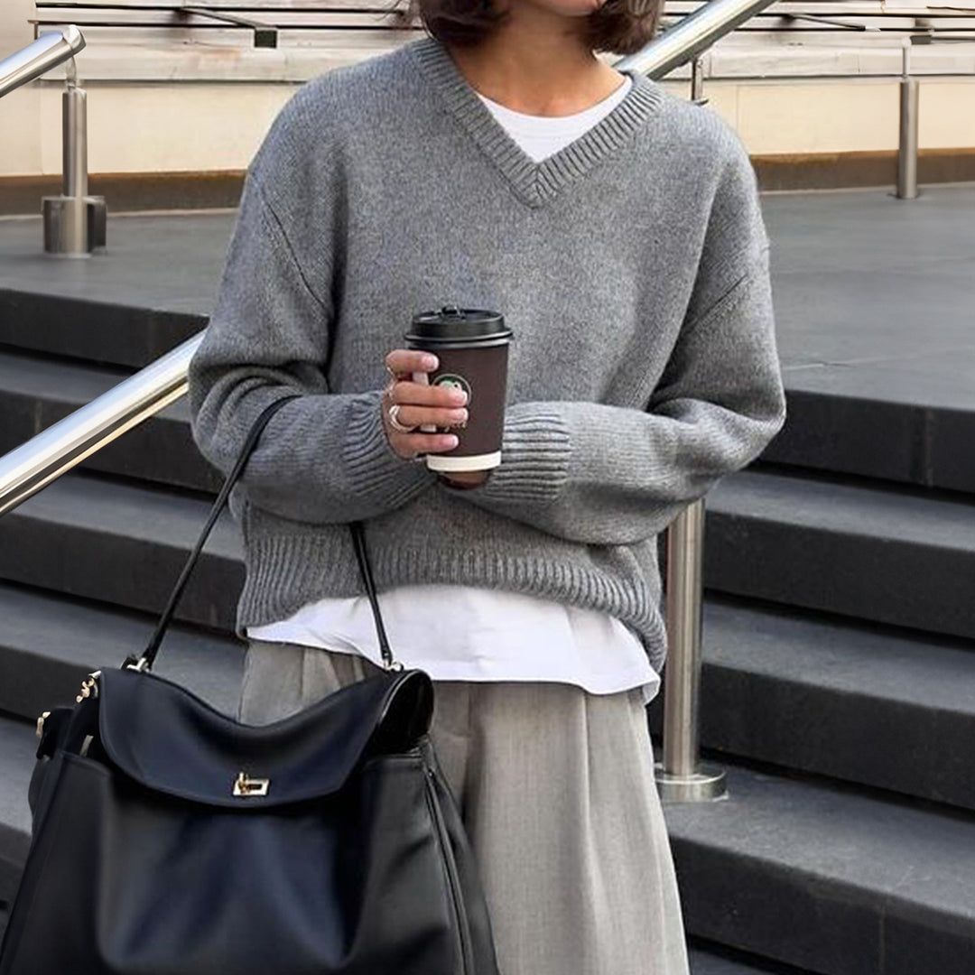 Damen nan oversized V-Ausschnitt Feinstrickpullover mit überschnittener Schulter, langen Kimonärmeln und breitem Rippbund Shop Nory