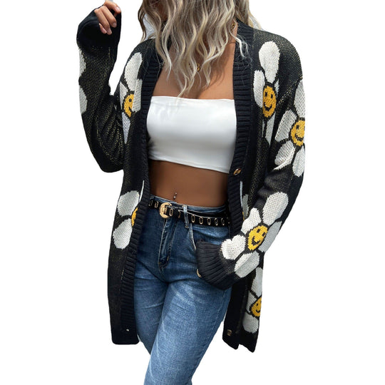 Damen Langer Blumenjacquard-Strickcardigan mit Oversize-Ärmeln und Rippbund Shop Nory